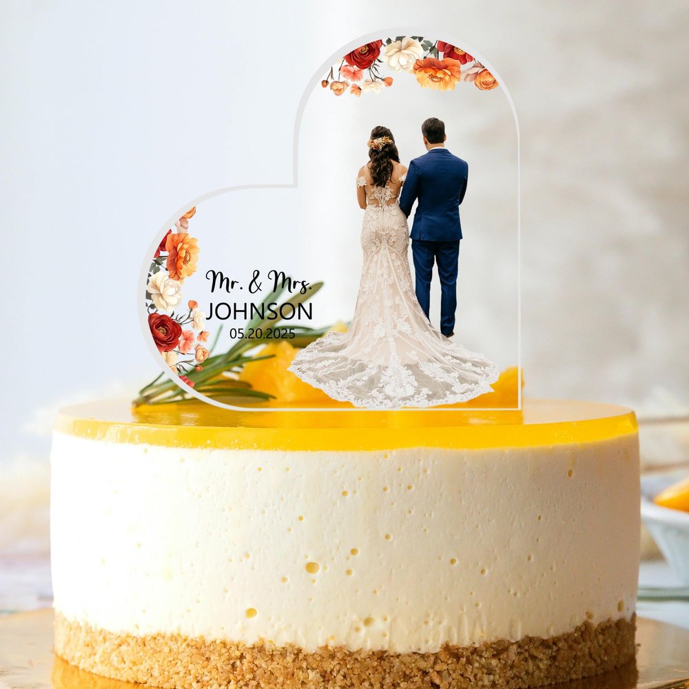 Personalized Heart Acrylic Block With Bride Groom Photo, Custom Wedding Cake Topper,Wedding Keepsake/Gift/Decor Sign (Style 1)