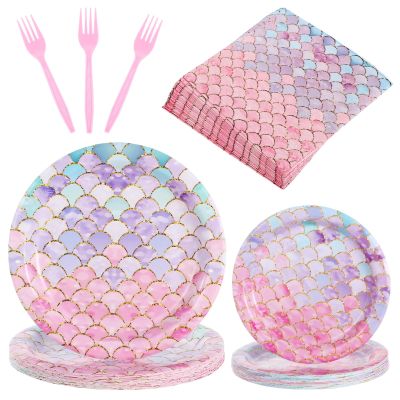 OMISTAR 96 Pcs Mermaid Party Dinnerware Set, Pink Purple Gradient Scale Design, Disposable Paper Plates Napkins Forks for 24 Guests, Ocean Theme Birthday Decorations