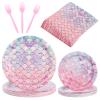 OMISTAR 96 Pcs Mermaid Party Dinnerware Set, Pink Purple Gradient Scale Design, Disposable Paper Plates Napkins Forks for 24 Guests, Ocean Theme Birthday Decorations view 1