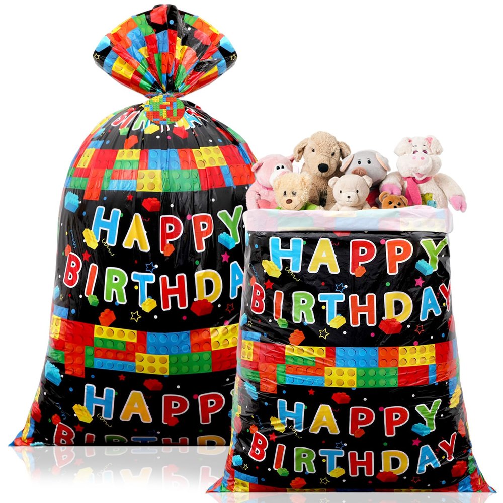 gisgfim 1Pcs Extra Large Birthday Plastic Gift Bags 37x56 Inch Oversized Party Gift Wrapping Bag Building Block Theme Party Decorations for Kids Boys Girls Happy Birthday Baby Shower Holiday Supplies