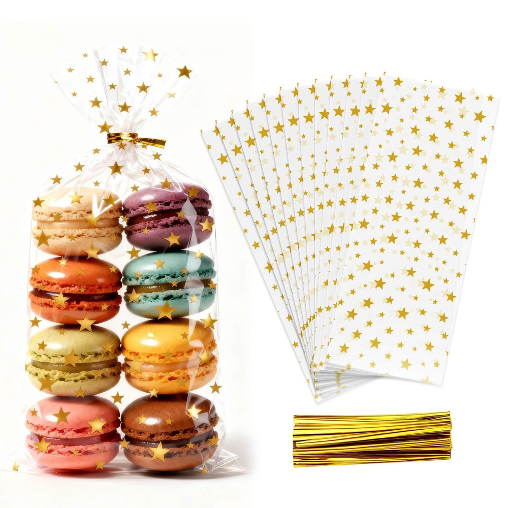 Cherodada 100 Pcs Star Printed Gift Cellophane Treat Bags, Celebrations Baby Showers Weddings Birthday Party Gift Wrapping(4x10 Inch)