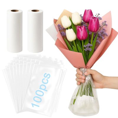 100pcs Clear Flower Water Bags for Bouquets,with 20pcs Flower Hydration Cotton Sturdy Bouquet Water Retaining Bag 11.8x11.8 Inch,for Flower Arrangement Fresh Cut Flower Bouquets Wrapping Paper Rose