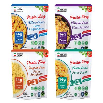 Pasta Zing Microwavable Pasta Variety Pack 7 Count (7.05 oz Each) | 2x Farfalle, 3x Spaghetti, 1x Fusilli, 1x Elbow | Ready in 1 Minute | Fully Cooked | Heat & Eat