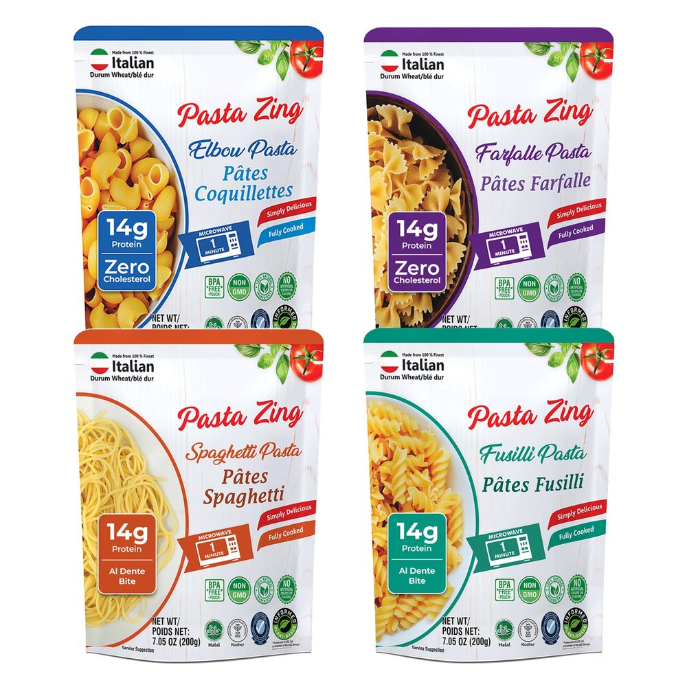 Pasta Zing Microwavable Pasta Variety Pack 7 Count (7.05 oz Each) | 2x Farfalle, 3x Spaghetti, 1x Fusilli, 1x Elbow | Ready in 1 Minute | Fully Cooked | Heat & Eat