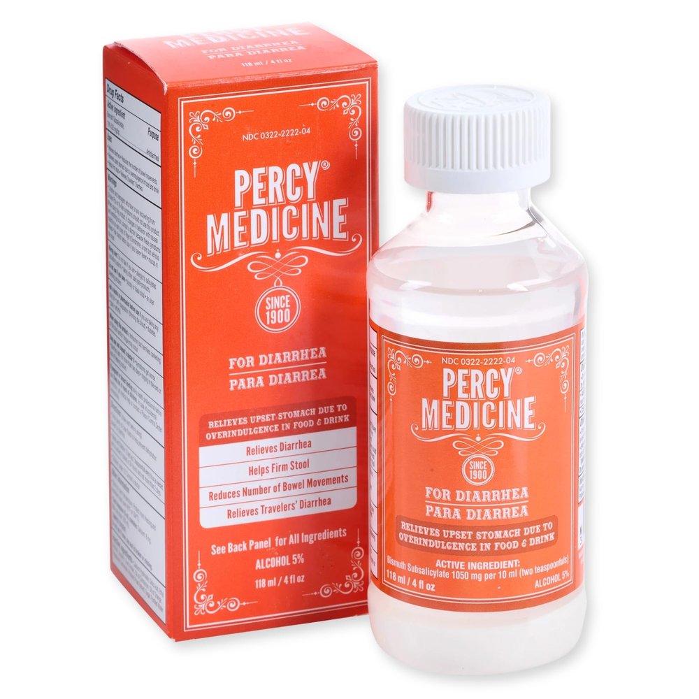 OAKHURST COMPANY Percy Medicine for Diarrhea, Firm Stool, and Digestive Support Anti-Diarrheal Liquid with Bismuth Subsalicylate 1050mg, Rhubarb Orange Cinnamon Flavor (4 fl oz / 118mL)