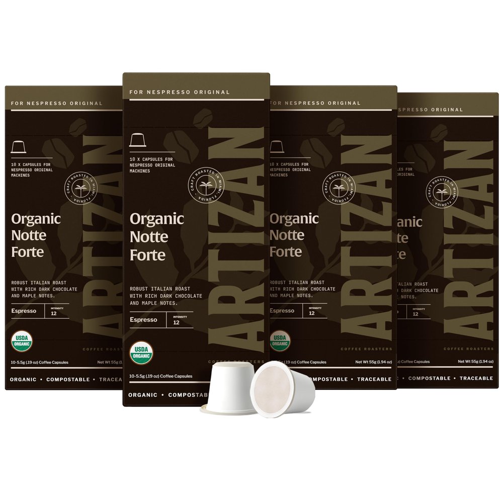 Artizan Coffee USDA Organic Espresso Coffee Capsules For Nespresso Original | Notte Forte | 40 Compatible Compostable Pods