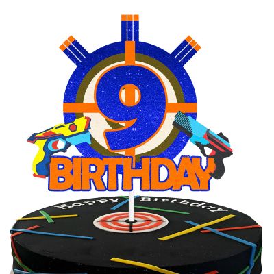 Gun Target Happy 9th Birthday Cake Topper Nine Years Old Blue Gun Birthday Party,Gun Shooting Crosshairs Themed Cake Decor Boys or Girls Anniversary Decorations Supplies