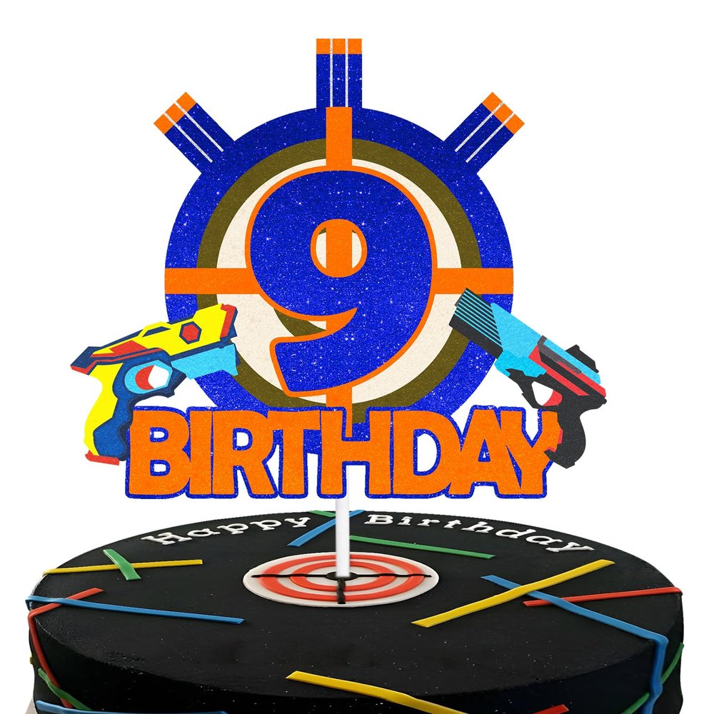 Gun Target Happy 9th Birthday Cake Topper Nine Years Old Blue Gun Birthday Party,Gun Shooting Crosshairs Themed Cake Decor Boys or Girls Anniversary Decorations Supplies