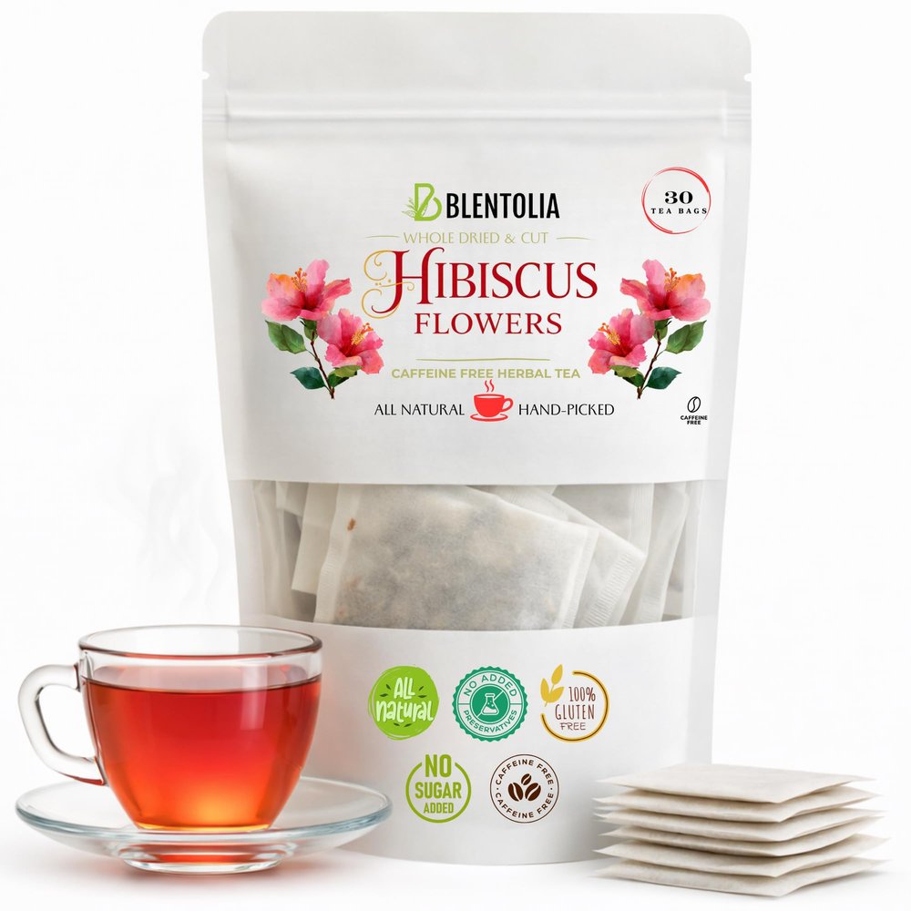 Blentolia Hibiscus Flowers Tea 100% Natural Herbal Tea Bags Caffeine-Free, Tart & Refreshing Supports Heart Health & Hydration 30 Tea Bags in Resealable Pouch