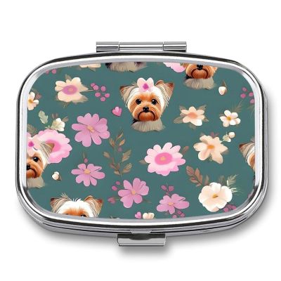 Yorkie Floral Pattern Pill Box - 2 Compartment Travel Pill Organizer with Small Mirror, Portable Pillcase for Pocket & Purse, Cute Square Medicine Case, Weekly Medicine Container