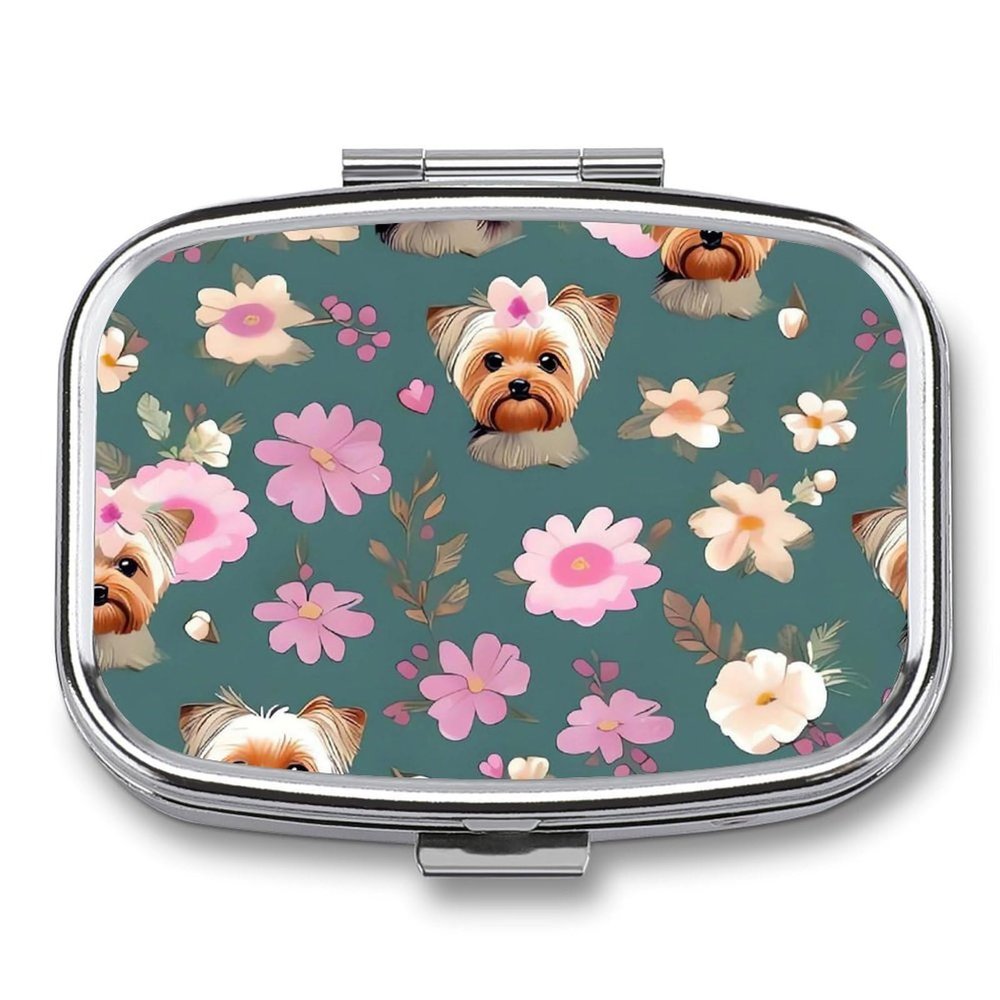 Yorkie Floral Pattern Pill Box - 2 Compartment Travel Pill Organizer with Small Mirror, Portable Pillcase for Pocket & Purse, Cute Square Medicine Case, Weekly Medicine Container