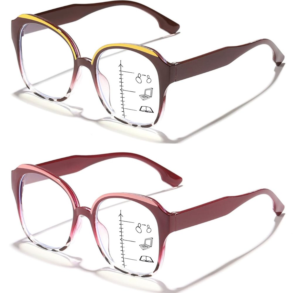 ICARA 2 Pack Progressive Multifocus Reading Glasses for Women,Cat Eye Blue Light Blocking Computer Readers with Spring Hinge (C2+C3, 1.5, x)