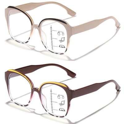 ICARA 2 Pack Progressive Multifocus Reading Glasses for Women,Cat Eye Blue Light Blocking Computer Readers with Spring Hinge (C6+C2, 2.0, x)