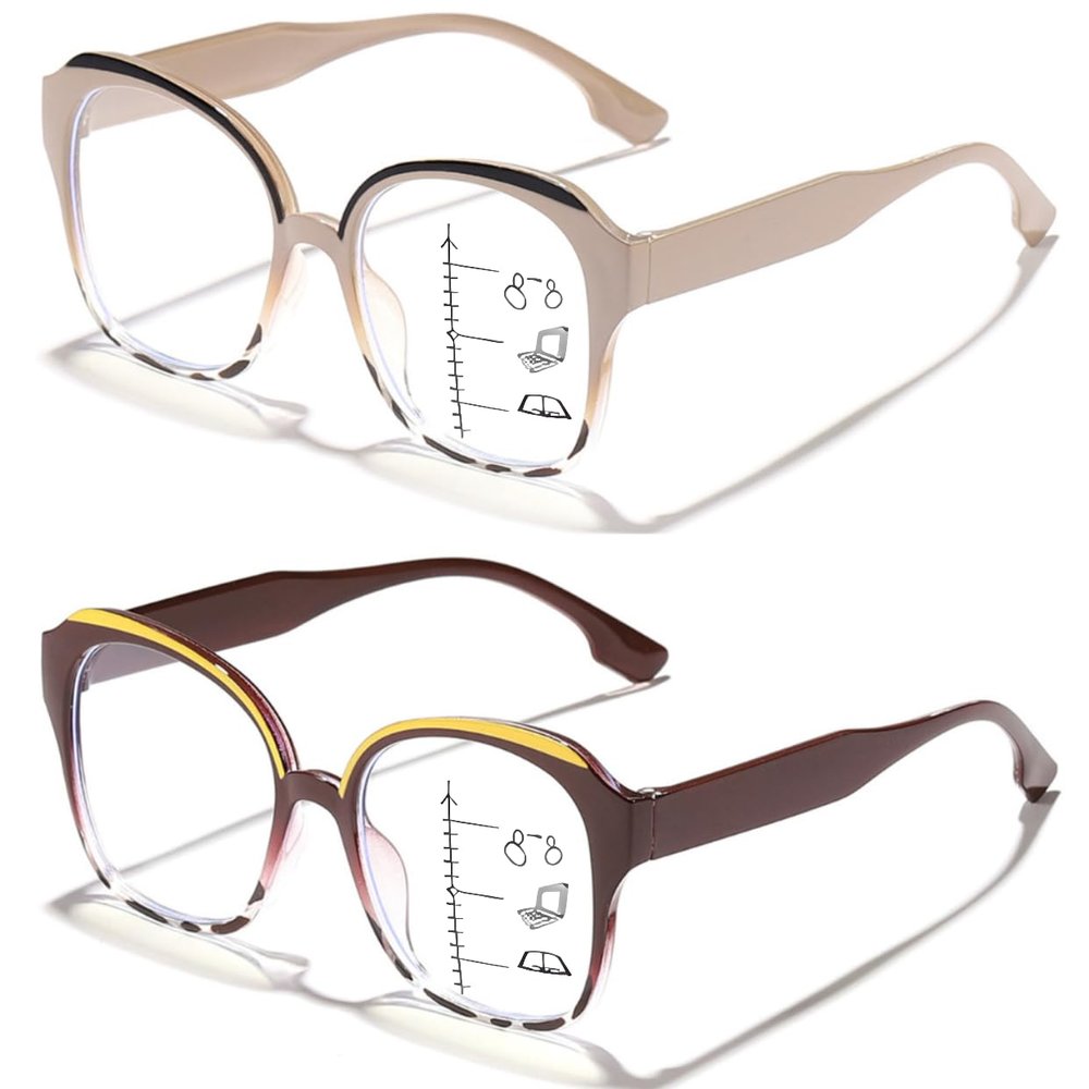 ICARA 2 Pack Progressive Multifocus Reading Glasses for Women,Cat Eye Blue Light Blocking Computer Readers with Spring Hinge (C6+C2, 2.0, x)