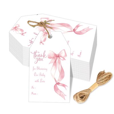 100 Pcs Baby Shower Favor Label Thank You for Showering Our Baby with Love Gift Wrap Tags Babyshower Gifts for Guests Pink 1st Birthday Souvenir Tags 4.33 X 2.52inch