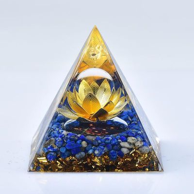 1.969in Orgone Crystal Pyramid with Lapis Lazuli, Gold Lotus & Clear Sphere - Energy Healing Spiritual Decor