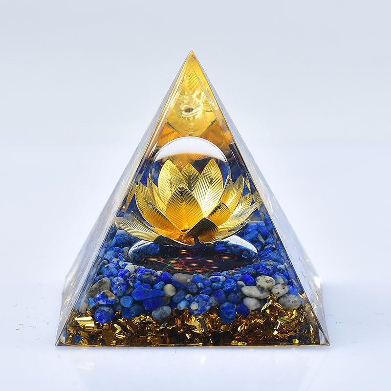 1.969in Orgone Crystal Pyramid with Lapis Lazuli, Gold Lotus & Clear Sphere - Energy Healing Spiritual Decor