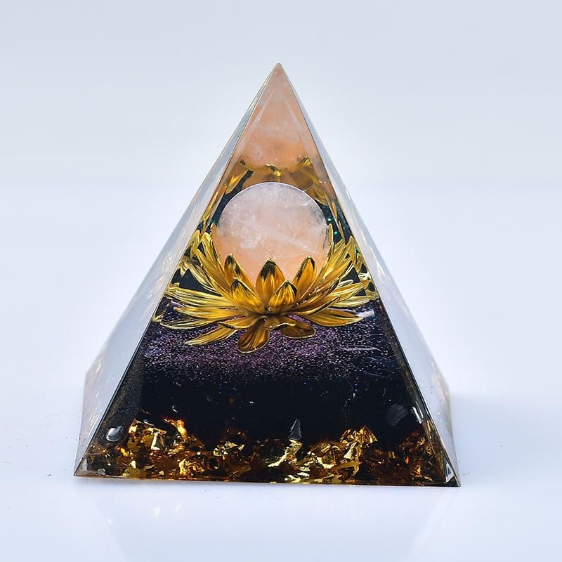 1.969in Orgone Crystal Pyramid with Rose Quartz, Gold Lotus, Purple Sparkle - Energy Healing Spiritual Decor