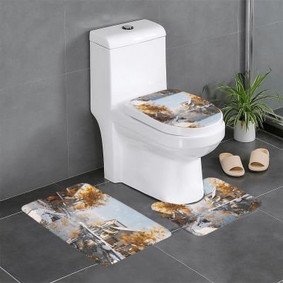 Anti-Slip Floor Mat Set of 3 MSRHIUEF Autumn Street Stamp U-Shaped Toilet Floor Mat, Tightly Attached, Absorbent & Durable, Thick & Comfortable