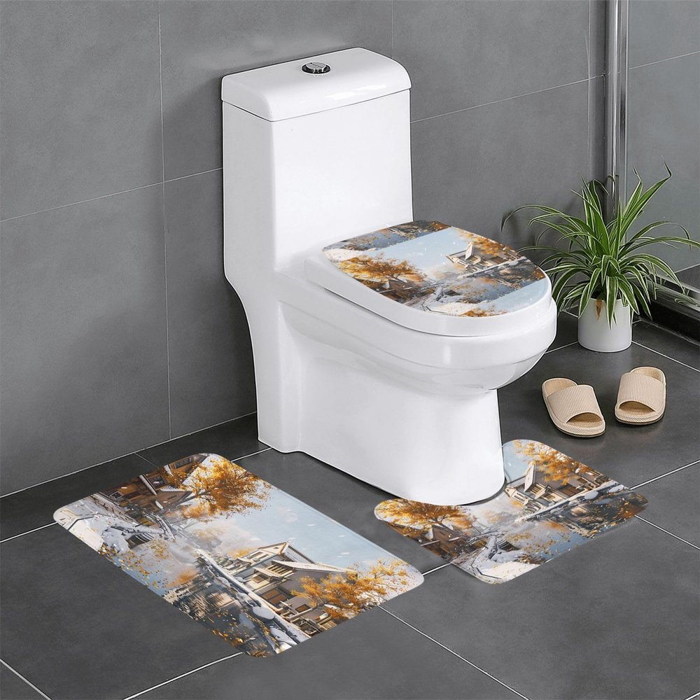Anti-Slip Floor Mat Set of 3 MSRHIUEF Autumn Street Stamp U-Shaped Toilet Floor Mat, Tightly Attached, Absorbent & Durable, Thick & Comfortable