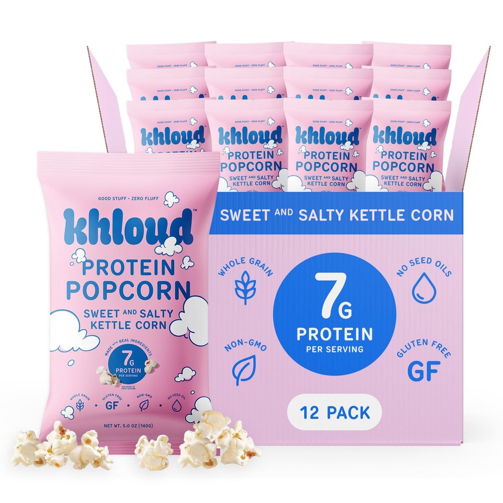 Khloud Protein Popcorn - Sweet & Salty Kettle Corn - 7g Protein Snacks for Adults & Kids - Flavored Popcorn Made with Real Ingredients & Milk Protein Isolate - Non-GMO, Gluten-Free, Kosher - 5oz, 12pk