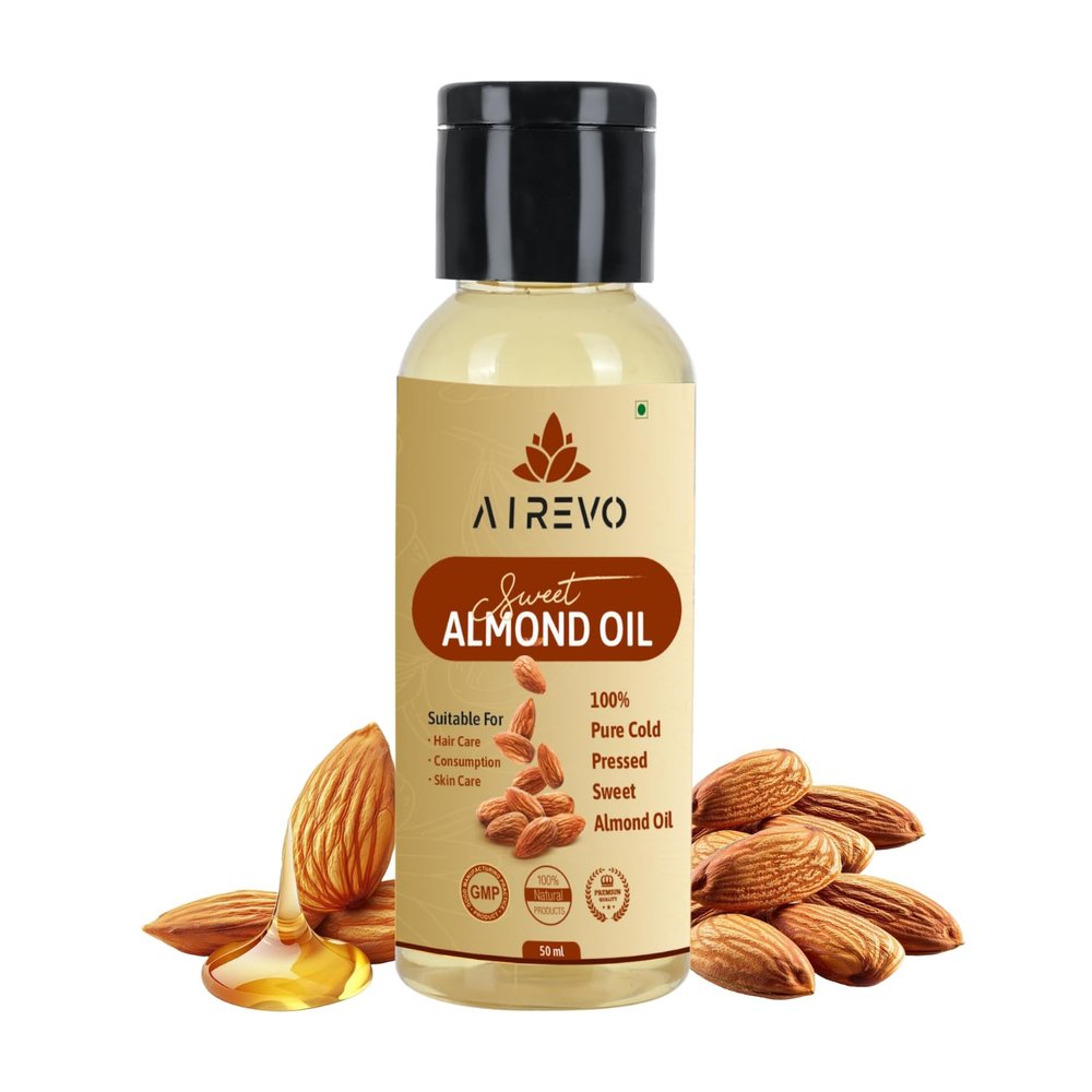 AIREVO Natural Wood Pressed Almond Oil Kolhu/Kacchi Ghani/Chekku/Marachekku Rich in Vitamin E for All Skin Types, Dry & Frizzy Hair (50ML)