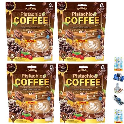 300g(30 Sachets) MikeoPistachio Instant Coffee Mix Healthy 29 in 1 Vegan Arabica Robusta Roasted Snack Delicious Mellow Intense (of 4) By Thaigiftshop [Get Free Tomato Facial Mask]