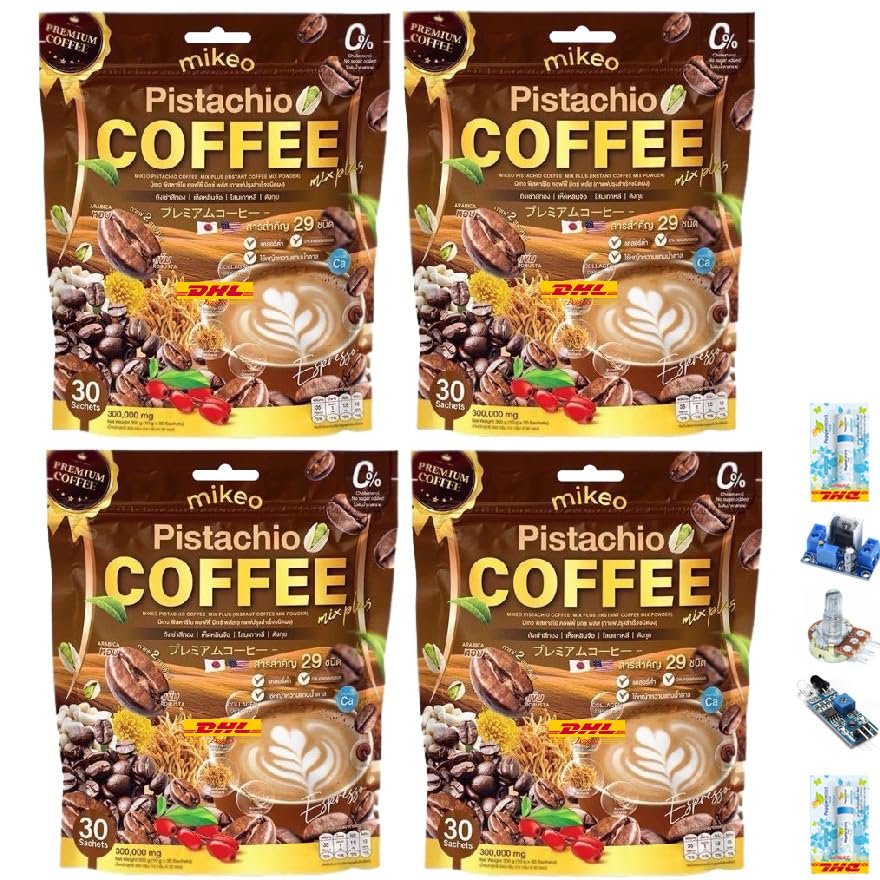 300g(30 Sachets) MikeoPistachio Instant Coffee Mix Healthy 29 in 1 Vegan Arabica Robusta Roasted Snack Delicious Mellow Intense (of 4) By Thaigiftshop [Get Free Tomato Facial Mask]