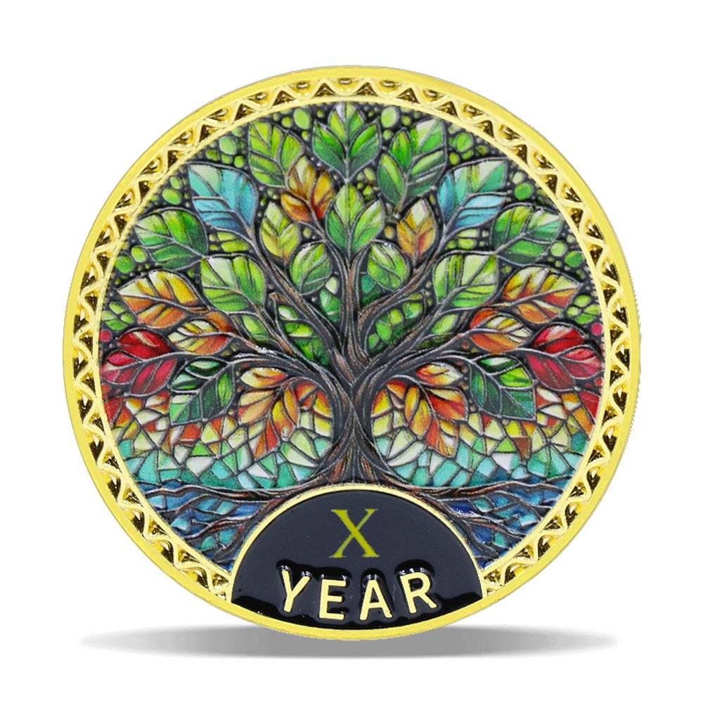 10 Year Radiant Tree Sobriety Coin Stained Glass Light NA Medallion Spiritual Token for Recovery & Clean Time Empowering NA AA Chips Gift for Men & Women
