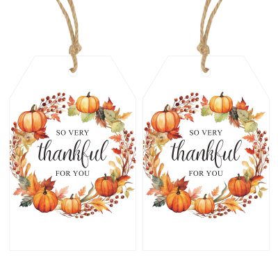 Anwyll Thank You Tags - 50Pcs So Very Thankful for You Gift Tags with String Happy Thanksgiving Gift Tag Personalized Fall Thanksgiving Thank You Leaf Pumpkin Label Tag for Autumn Party Favors Present