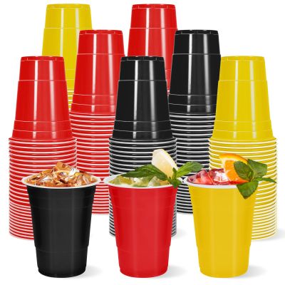 Whaline 60 Pcs Colored Plastic Cups 16 Oz Black Red Yellow Plastic Cups Cartoon Monster Disposable Cup for Birthday Baby Shower Party Supplies