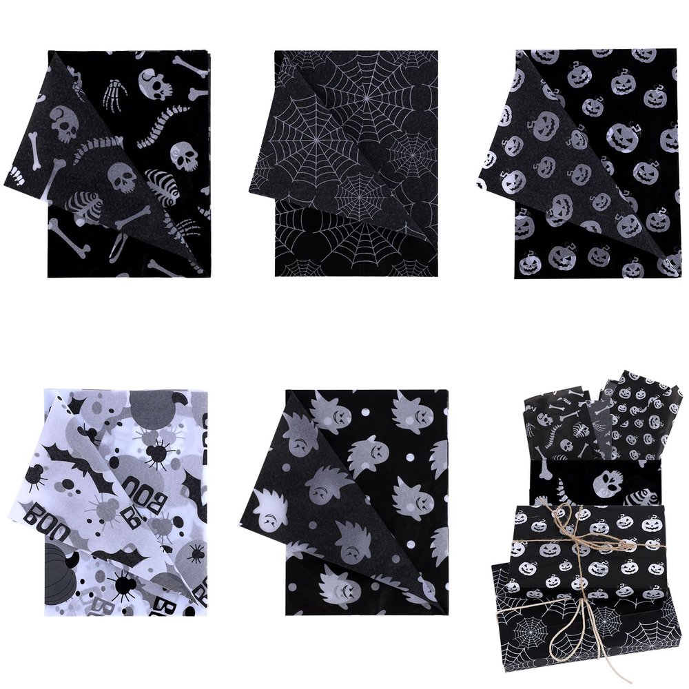 30 Sheets Halloween Packaging Tissue Papers, 13.8x19.7 Inch 5 Styles Gift Wrapping Paper Pumpkins Ghosts Skulls Bats Spider Web Print for Halloween Party Decoration DIY Craft Supplies