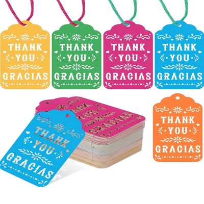 100 Pcs Mexican Papel Picado Thank You Tags, 5 Colors Gracias Por Acompaarnos Tags with String for Birthdays, cielito Lindo Baby Showers, Fiesta Party Favors