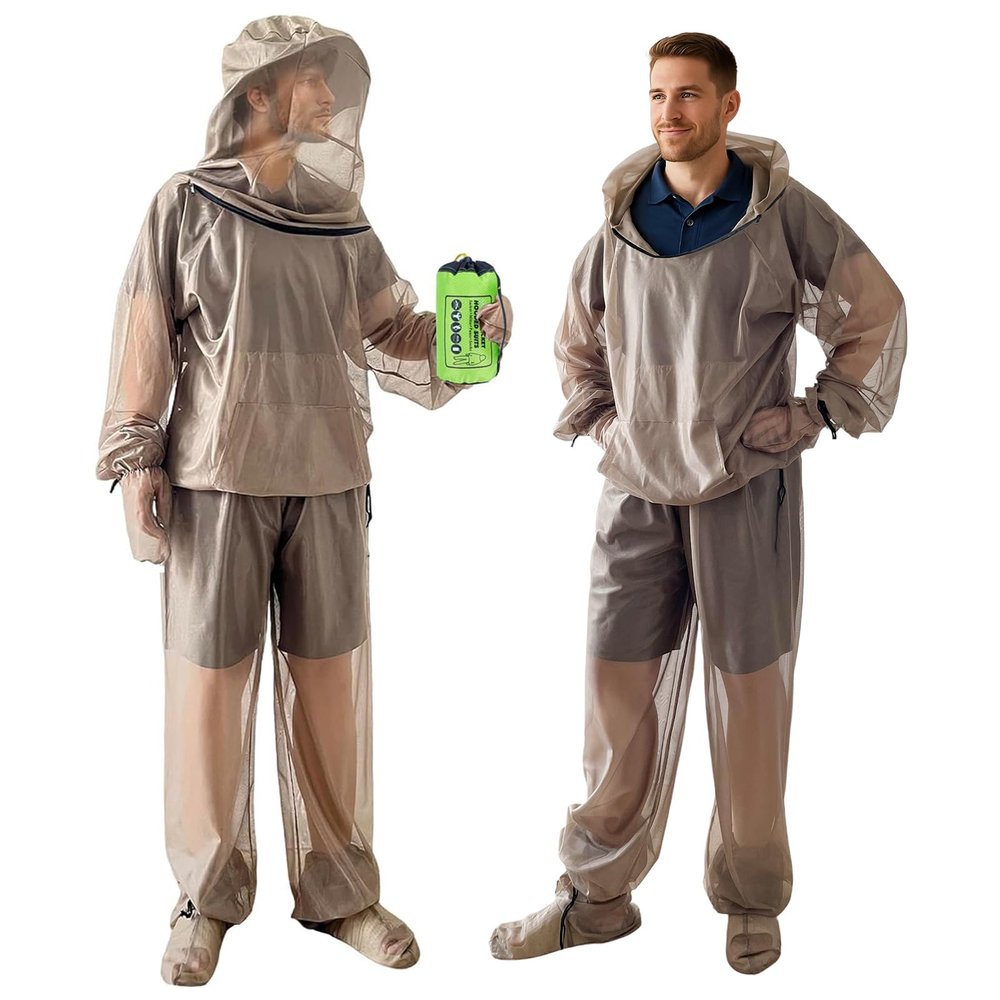 IC ICLOVER Mosquito Jacket, Bug Jacket with Hood, Pants, Mitts & Socks for Men Women, Mosquito Net Suits for Gardening Fishing Outdoor Full Body Protection from Bugs Fly Insets No-See-Ums (S/M)