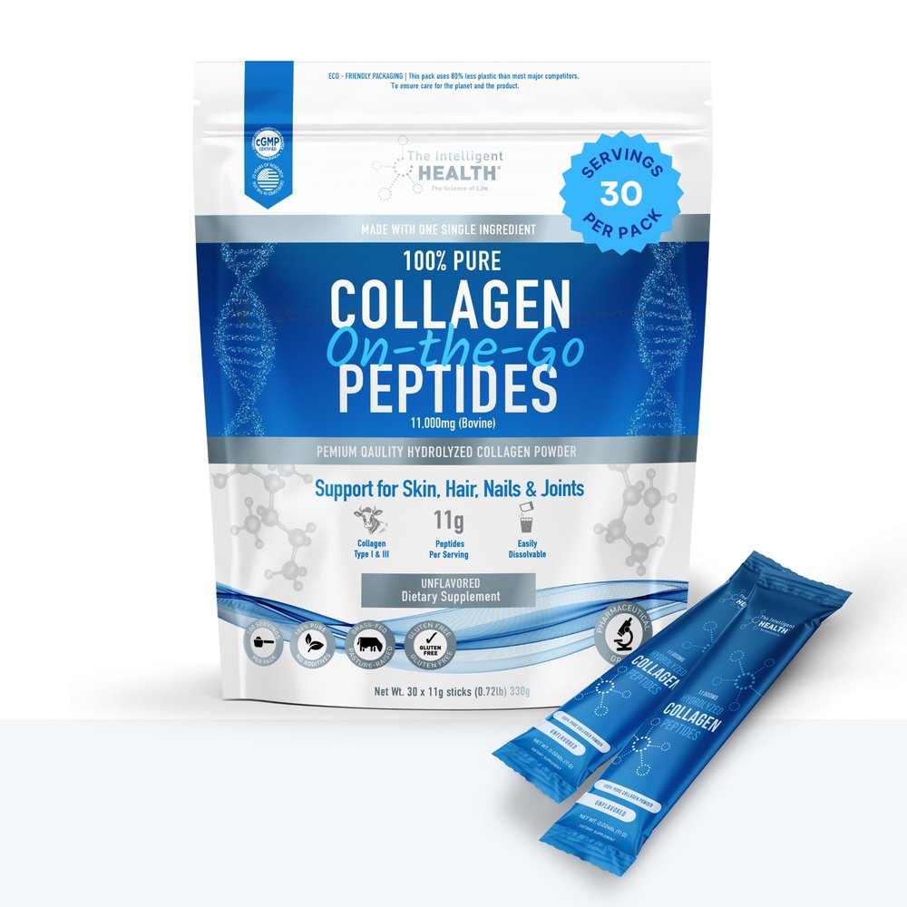 The Intelligent Health Hydrolysed Collagen Powder (Bovine) - High Protein Grass Fed Unflavoured Peptides - Collagen Supplements for Women | Gluten Free, Paleo & Keto Friendly (Stick Pack (30))
