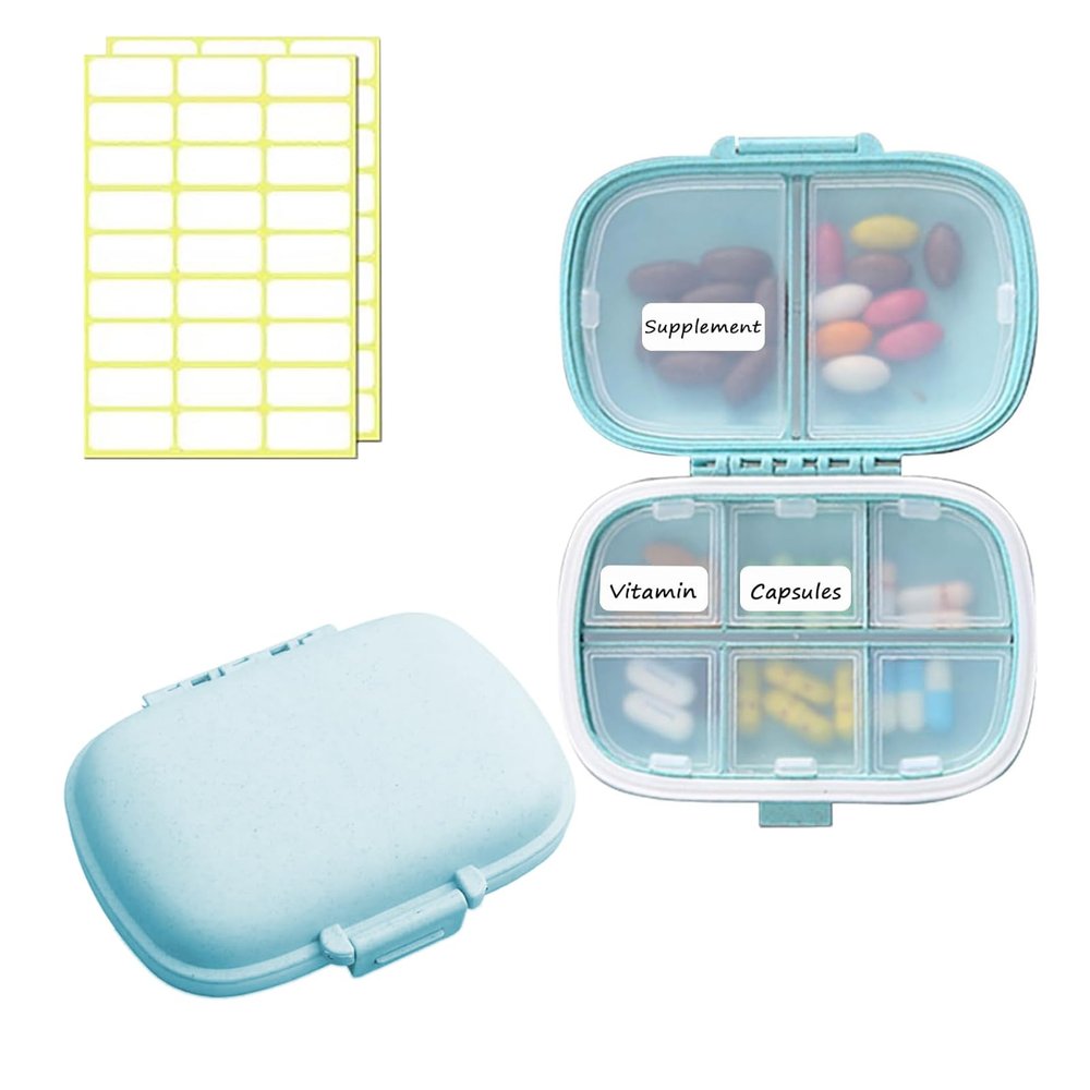 2PCS INVODA Pill Organizer Travel Pill Box 8 Compartments Moisture Proof Small Pill Case for Pocket Purse Daily Pill Container Portable Medicine Fish Oil Vitamin Holder