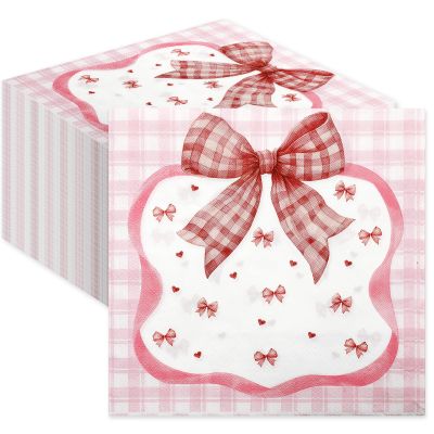 100 Pack Bow Napkins, Pink Bow Napkins Disposable, Pink Bow Cocktail Napkins for Girls Birthday, Baby Shower, Bridal Shower, Bachelorette, and Tea Party Decorations,6.5x6.5 inch,Type 5