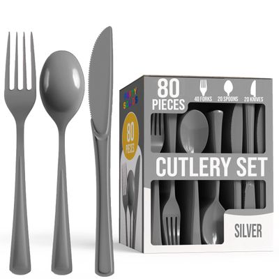 Party Solids Silver Plastic Silverware 80 Pcs Silver Cutlery Set
