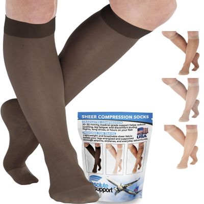 ABSOLUTE SUPPORT Made in USA Women Travel Sheer Compression Socks 20-30 mmHg Support for Flights, Swelling & Circulation Stockings, Black, Large