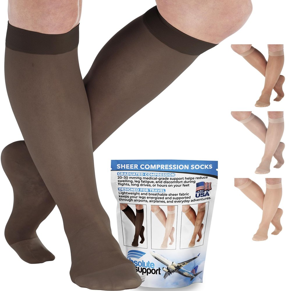 ABSOLUTE SUPPORT Made in USA Women Travel Sheer Compression Socks 20-30 mmHg Support for Flights, Swelling & Circulation Stockings, Black, Large