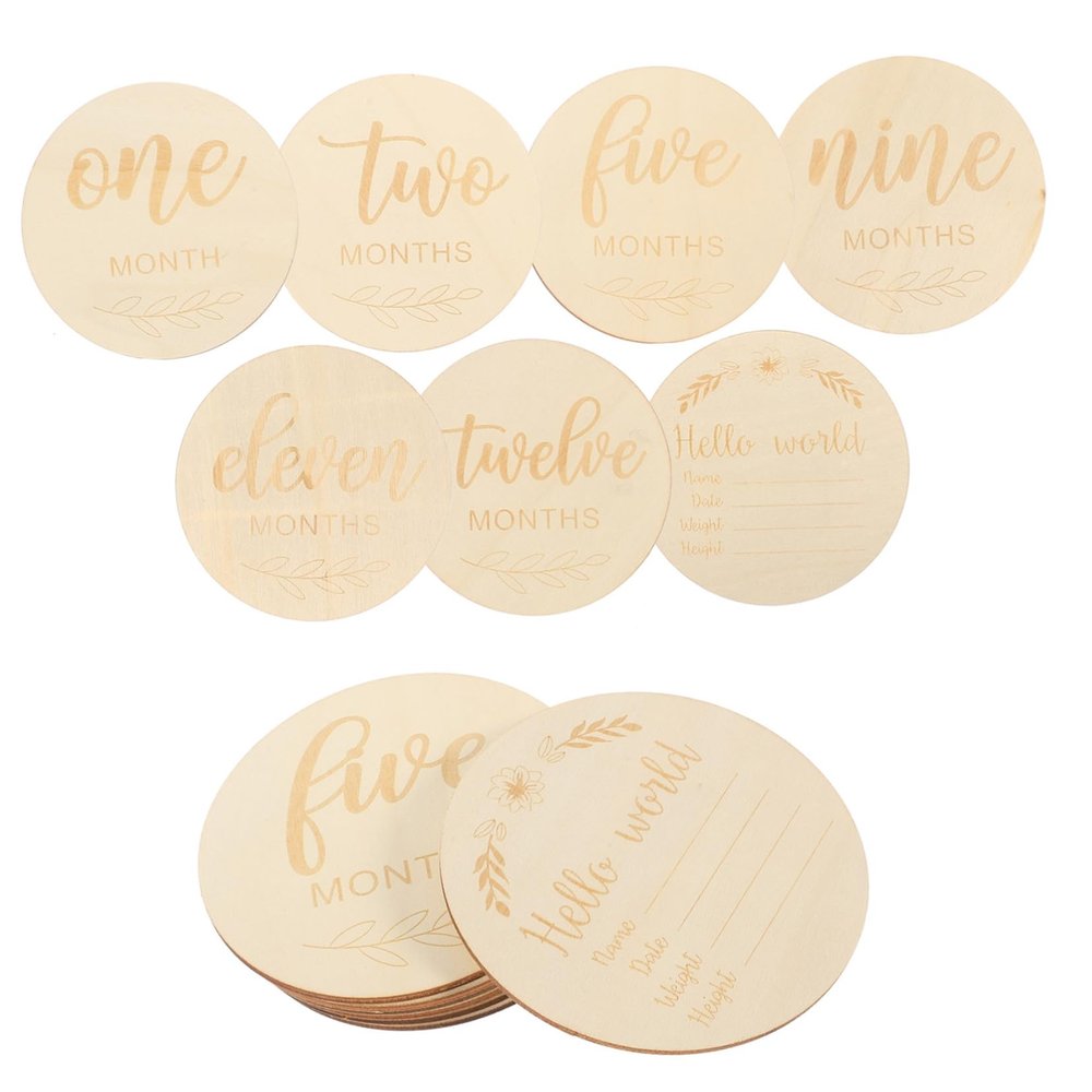 EPIGEIST 14Pcs Milestone Cards Engraved Wooden Discs for Birth Announcement Monthly Milestones for Newborn Photos and Growth Smooth Finish