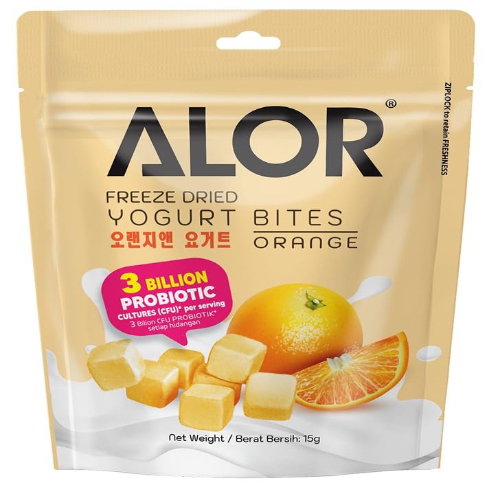 ALOR Freeze Dried Yogurt Snacks | Orange Flavor | Crunchy Probiotic Snack made from Real Fruit & Yogurt | Packed with live culture probiotics >15 million CFU probiotics per serving | Gluten-Free, Kosher, and Halal Certified (15 Grams x 8 Packs Or