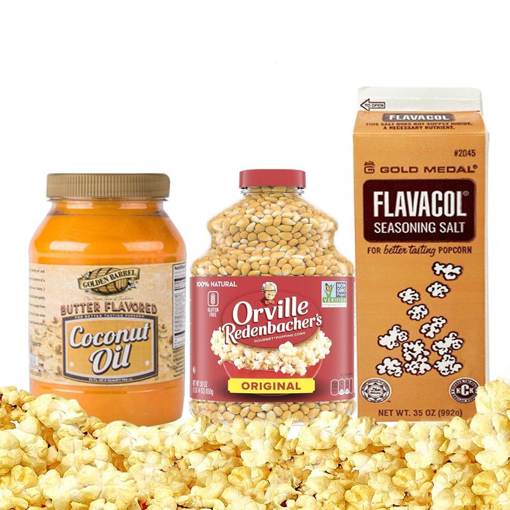 AYD Goods Complete Movie Theater Popcorn Kit, Yellow Kernels, Butter Flavored Coconut Oil, 32 oz, Salt, 35oz, & AYD Goods Popcorn Bags, 20 Counts