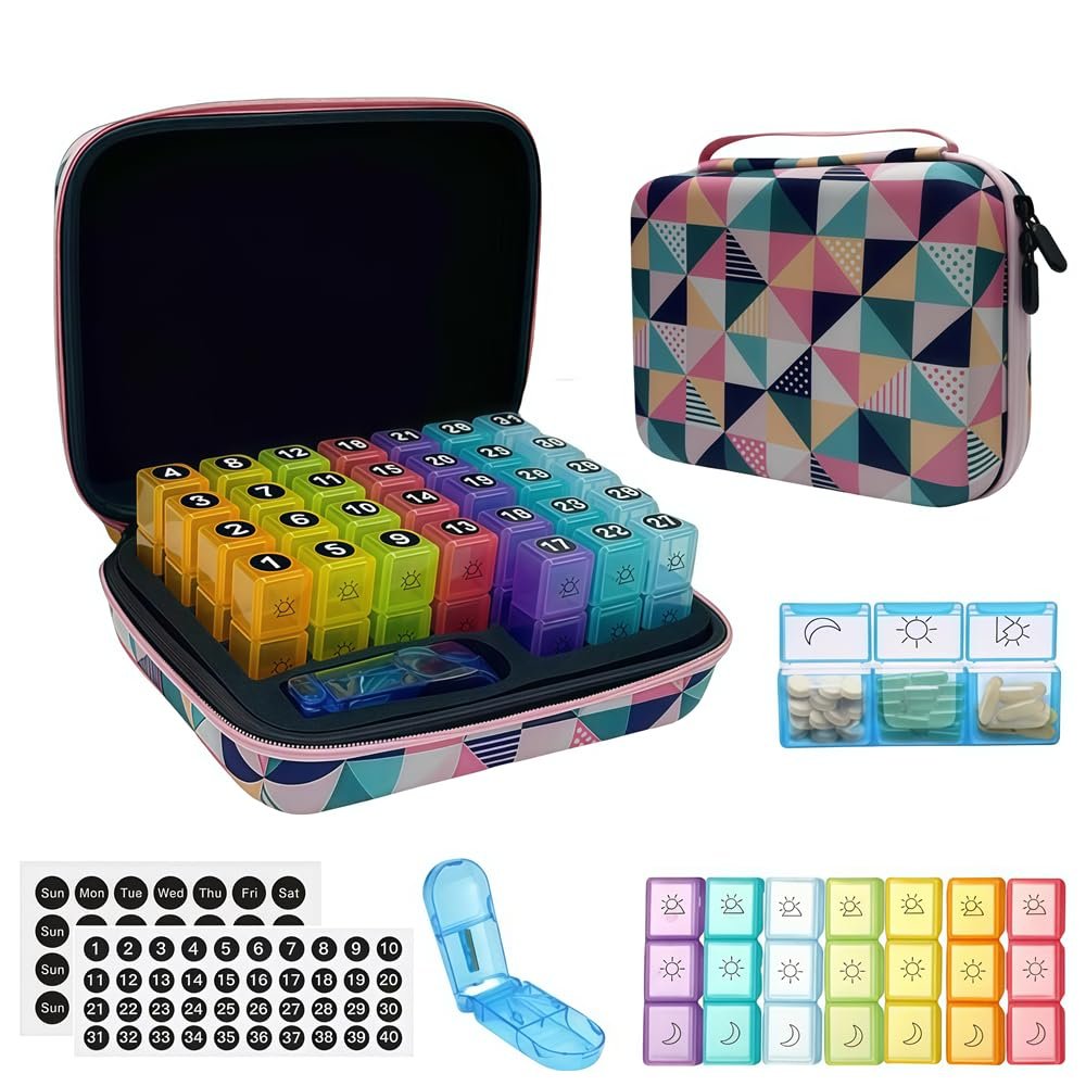 GZWENHAN 31-Day Monthly Pill Organizer with 3 Daily Compartments, Travel Medication Box with Pill Cutter, AM PM Storage Case (Rhombus 31-Day Medication Storage Box)