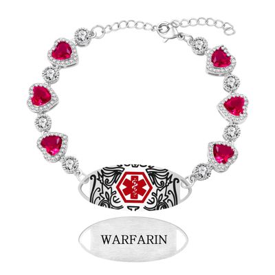 Zircobic Warfarin Medical Alert Bracelet with Lightweight Adjustable Chain, Red Heart Zirconia, Laser Engraved Stainless Steel Tag, Waterproof and Comfortable for Jogging, Fitness, and Outdoor Use