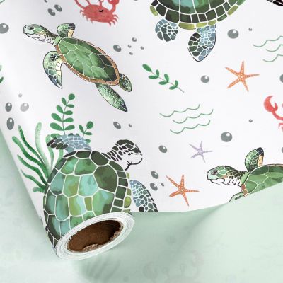 LeZakaa Sea Turtle Wrapping Paper Roll for Boys Girls Kids, Green Seaweed, Crabs, Starfish Underwater Ocean Reversible Design for Birthday Baby Shower, Jumbo Roll 30 inches x 32.8 Feet