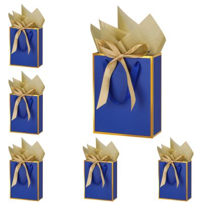 OEMVALATY 6 Pcs Thank You Gift Bags with Handles and Tissue Paper 9 x 7 x 3. 15'' Metallic Welcome Gift Bags with Bow Ribbon for Wedding Bridal Baby Shower Groomsmen Birthday Party(Navy Blue, Gold)