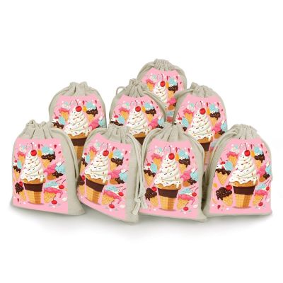 NTVOWPZO 8PCS Sweet Ice Cream Cotton Drawstring Bag 5x7 Inch Small Cloth Gift Bags with Drawstring, Reusable Muslin Bags Pouches, Empty Candy Bag for Wedding Party Birthday Favors