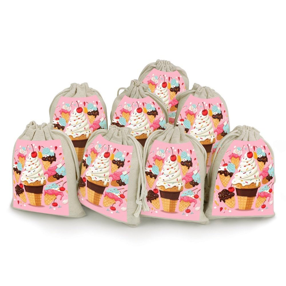 NTVOWPZO 8PCS Sweet Ice Cream Cotton Drawstring Bag 5x7 Inch Small Cloth Gift Bags with Drawstring, Reusable Muslin Bags Pouches, Empty Candy Bag for Wedding Party Birthday Favors