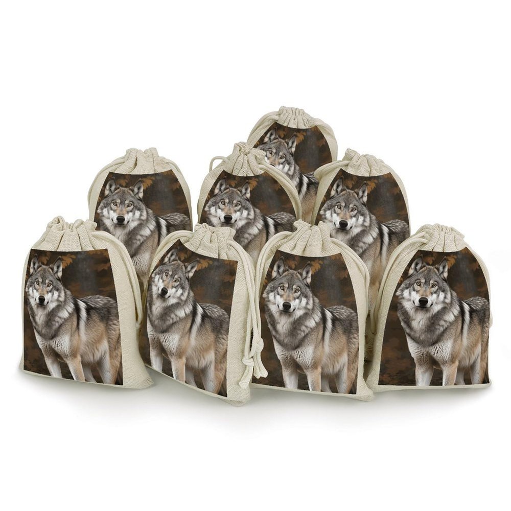 NTVOWPZO 8PCS Gray Wolf Cotton Drawstring Bag 5x7 Inch Small Cloth Gift Bags with Drawstring, Reusable Muslin Bags Pouches, Empty Candy Bag for Wedding Party Birthday Favors